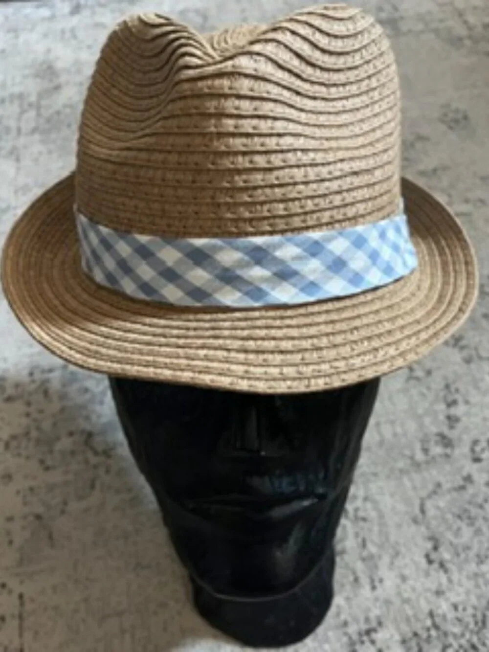 🧡3/$15 Tan Straw Fedora Hat/Sun Hat with Blue-and-White Checkered Hatband Kids